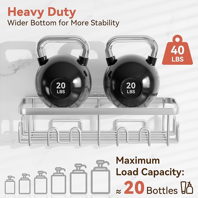 Shower Caddy Adhesive, Rustproof Shower Organizer, Wall Shower Rack | Large Capacity Shower Shelves for Inside Shower, Shampoo Shower Holder, Silver, 3 Caddies, 1 Soap Dish, 1 Toothbrush Holder - Image 4