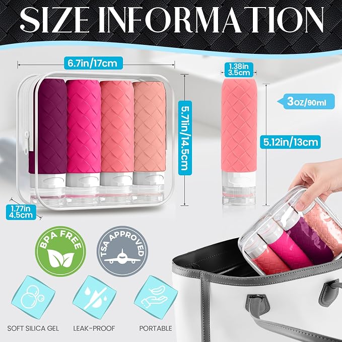 Silevoler Travel Bottles for Toiletries, TSA-Approved Travel Size Container | Woven Pattern BPA Free Silicone Leak Proof Refillable Liqus Shampoo And Conditioner Essentials Toiletry Bottles(Purplish Red) - Image 3