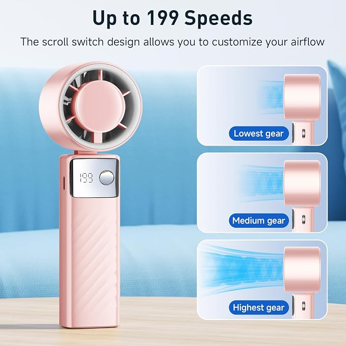 YOSHENMO Portable Handheld Turbo Fan - Foldable Mini Fan with Air Turbo Tech, 1-199 Speed Adjustment, 20H Runtime, LED Display, Battery-Powered for Indoor/Outdoor Use Nude Pink - Image 3