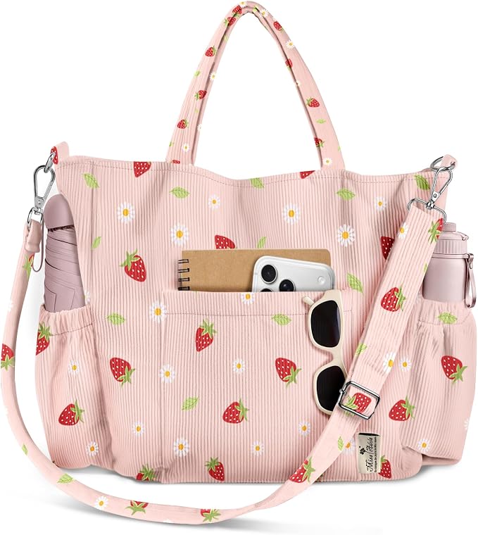Miss Adola Corduroy Crossbody Tote Bag for Women | Multi Pocket Storage, Zipper Closure, Adjustable Strap, Fits 14 Inch Laptop, Foldable Reusable, for Work Travel Everyday by MissAdola