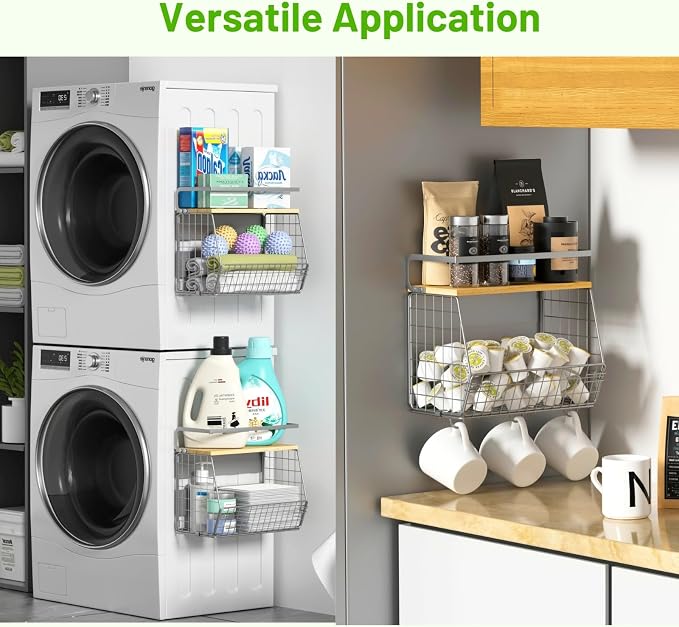 Magnetic Fridge Shelf with Wood Lid, Fruit Potato Onion Storage Bins, Pantry Organizers, Large Container Spice Rack for Refrigerator, Kitchen Counter, Cabinet (1, Silver) - Image 3