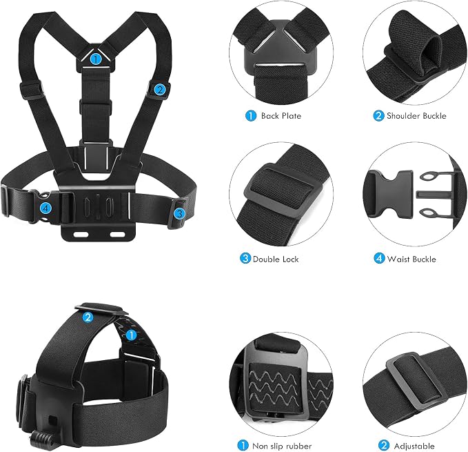 9-in-1 Chest & Head Mount Kit for GoPro, iPhone, DJI, Action Cam POV | Hands-Free POV Recording. Compatible with Samsung, Insta360, AKASO, SJCAM. Sturdy phone clamp & protective net included - Image 2
