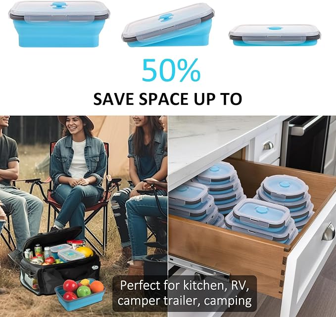 Collapsible Food Storage Containers with Lid & Air Vent, 16 Pack, 8 Rectangular + 8 Round, Foldable Silicone Lunch Containers Collapsible Bowls Set, Microwave Freezer Dishwasher Safe, Blue - Image 3