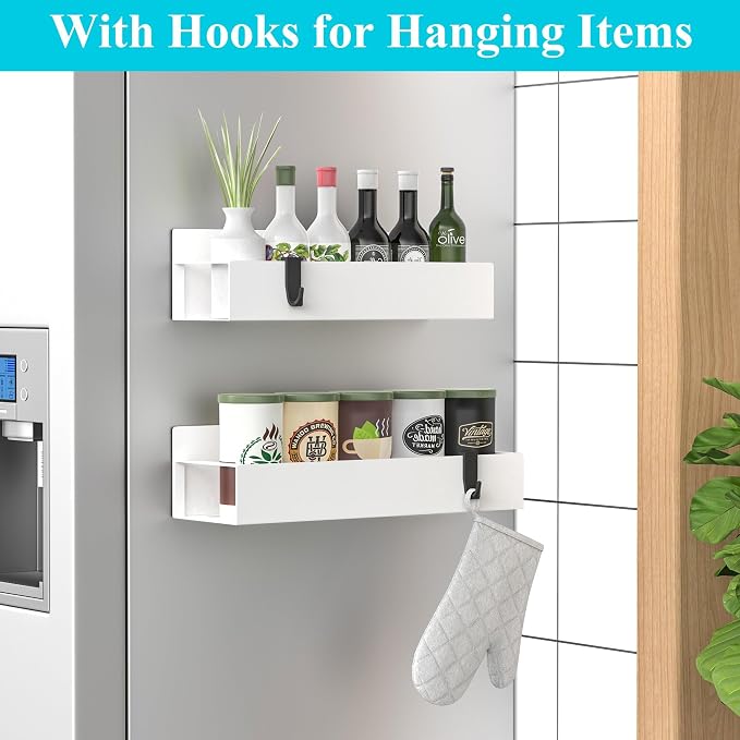HuggieGems 2 Pack Magnetic Spice Storage Rack Organizer for Refrigerator and Oven, White Fridge Organizers and Storage | Magnetic Shelves Heavy Duty for Fridge in Kitchen, Seasoning Storage Organizer, For Oven Washer and Dryer, For Heavier Items - Image 2