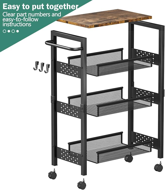 Vivihomety 4-Tier Laundry Utility Rolling Cart with Wheels, Metal | Narrow 8.1" wide, lockable wheels, wood top panel, metal frame, for laundry room, small spaces, pantry, tight gaps, Black - Image 8