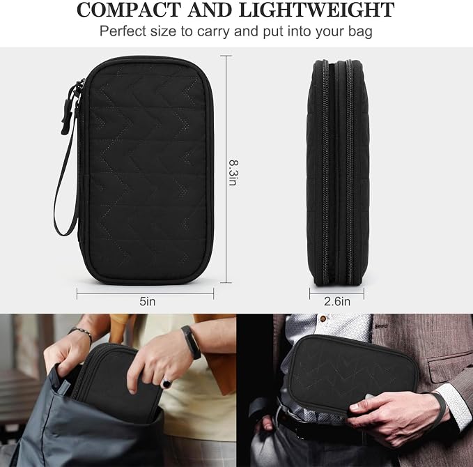 FYY Electronic Organizer, Travel Tech Pouch Bag, Medium, Black Quilted | Wrist Strap, Waterproof, Double Layers Portable Electronics Travel Carrying Case for Cord, Charger, Daily Business Trips Use - Image 2