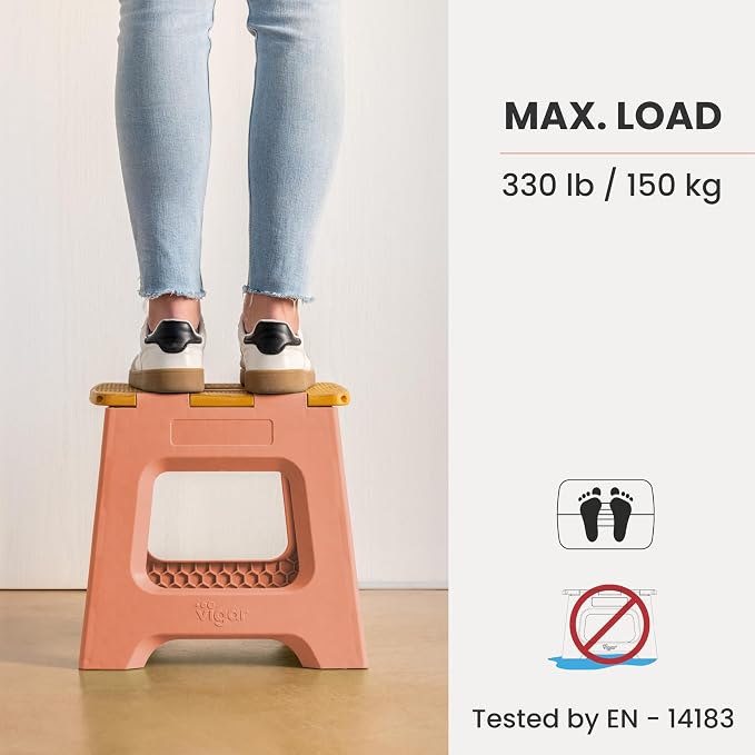 Vigar Compact Folding Step Stool, 12-1/2 in, Orange Bamboo Print | 12-1/2 in Foldable Stool, Lightweight Portable Design, Handle, Non Slip Surface, Space-Saving, Supports up to 330 lb - Image 5