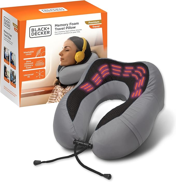 BLACK+DECKER Cooling Gel Memory Foam Neck Pillow – Travel Pillow for Plane, Car & Train – Ergonomic Neck Support, Slow Rebound Memory Foam, Washable Cover, Universal Fit, Grey by Unknown
