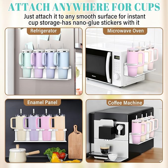 Magnetic Cup Holder for Fridge,8 Cups Water Bottle Organizer for Stanley 30 40 oz with Tumbler Lid Organizer,High Capacity Heavy Duty Kitchen Storage Rack Accessories - Image 2