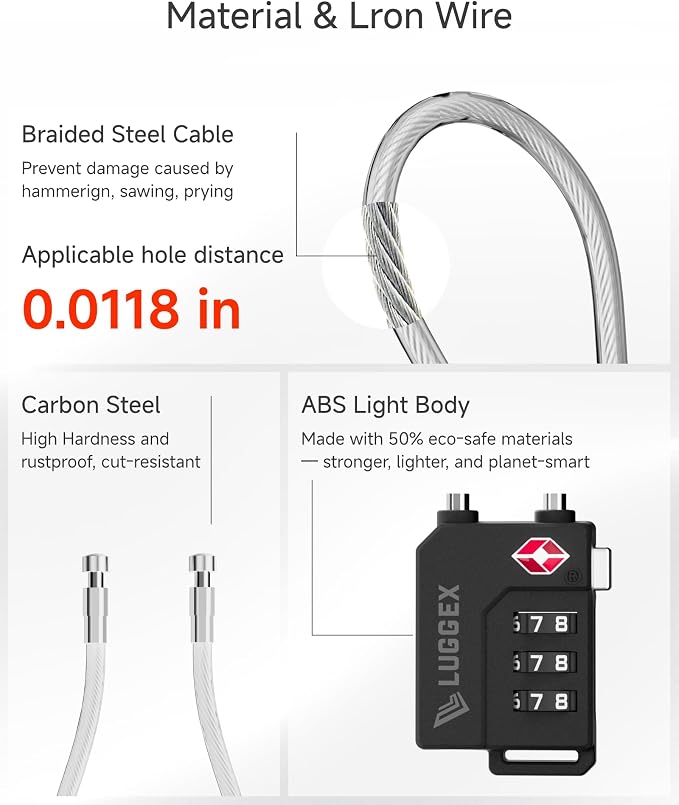 LUGGEX 2 Pack TSA Locks for Luggage, Luggage Locks TSA Approved | Suitcase Locks in Gift Box, Ultra-Light 33g Combination Cable Locks, Easy-Read Dials for Suitcase Backpack Gym, Silver - Image 8