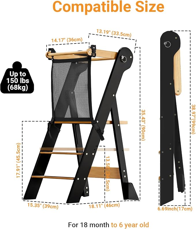 COSYLAND Foldable Toddler Kitchen Stool Helper - Height Adjustable Standing Tower for Bathroom Sink or Kitchen Counter - Step Stool for Toddlers Ages 18 Months to 6 Years Black & Natural | Folding 2-level Height Stand Tower, kids 18M-6Y, 70% pre-assemb... - Image 6