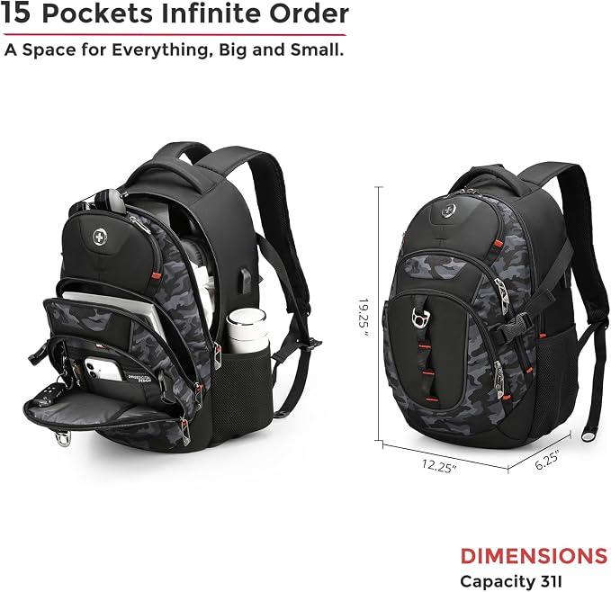 Swissdigital Design Laptop Backpack with USB Charging Port, Travel Backpack Fits 15.6 inches Computer, 31L College School Backpack for Men, Gray Camo | SD803-91 - Image 5