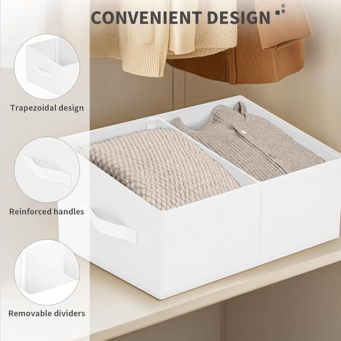 DIMJ Large Closet Shelf Organizer Bins 6 Packs with Handles and Divider, Fabric Trapezoid Storage Baskets, Foldable Clothes Containers Box for Shelf, Towel, Book, Toy, Purse, Hats, ,White - Image 4
