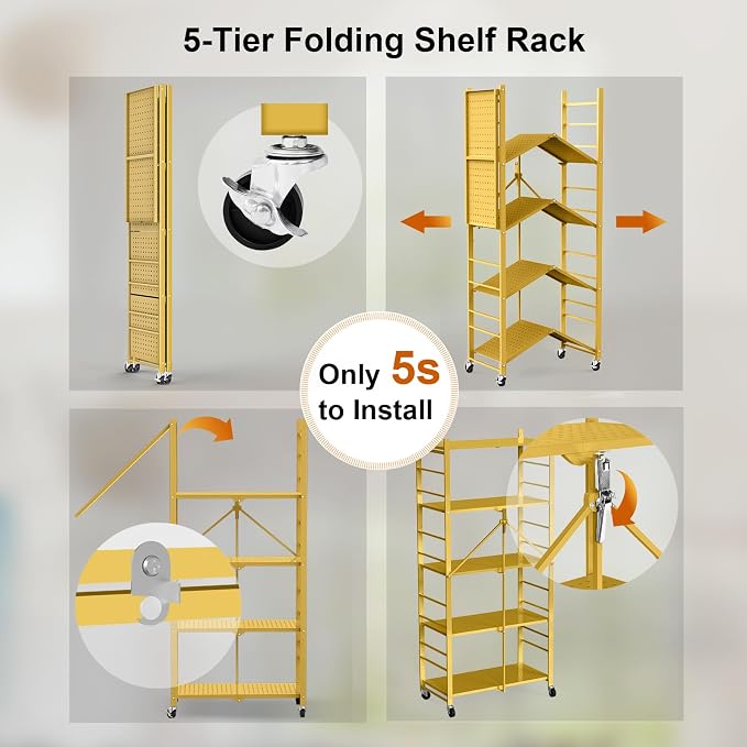 Himix 5-Tier Foldable Storage Shelves with 20 Hooks Wheels Bookshelf Gold | Folding shelving units, Metal collapsible organization, Wire shelf, No assembly, Garage, Home room, Greenhouse, Holds 440 Ibs - Image 5