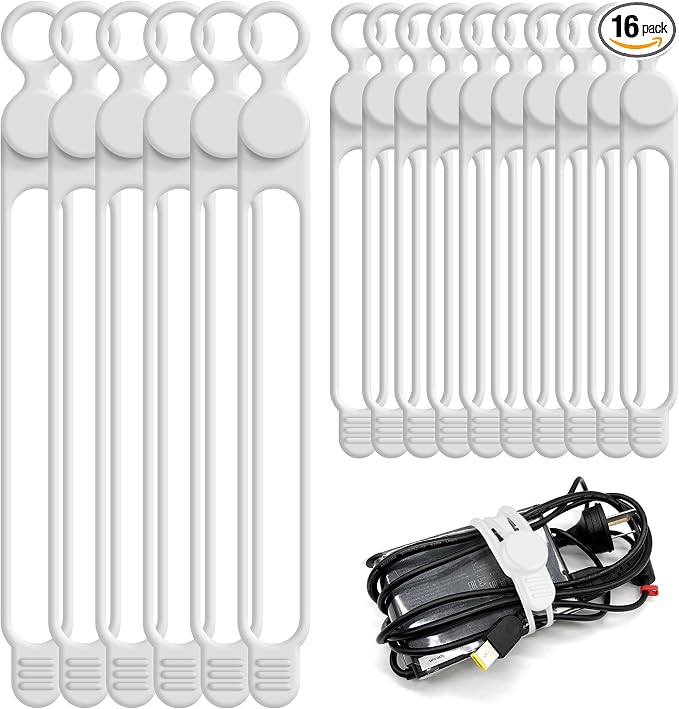 Silicone Cable Ties, Cord Organizer Cable Management,2Sizes-White | Reusable Cord Ties for Electronics, Office Desk Accessories, Home Travel Essentials, Easy to Use, 4.2 Inch & 7.1 Inch-16Pcs by ELECTRONICSORGANIZATION