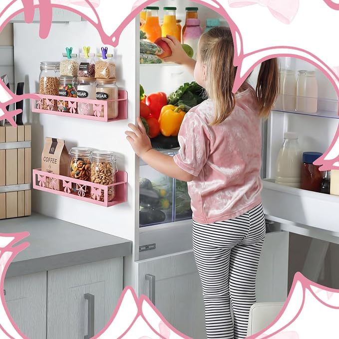 Beeveer 2 Pcs Magnetic Spice Rack for Refrigerator, Pink Bow | Magnetic, No Drilling, Pink Bow Kitchen Decor, Pink Home Accessories, 2 Sizes Metal Storage Shelf for Fridge Spices - Image 5