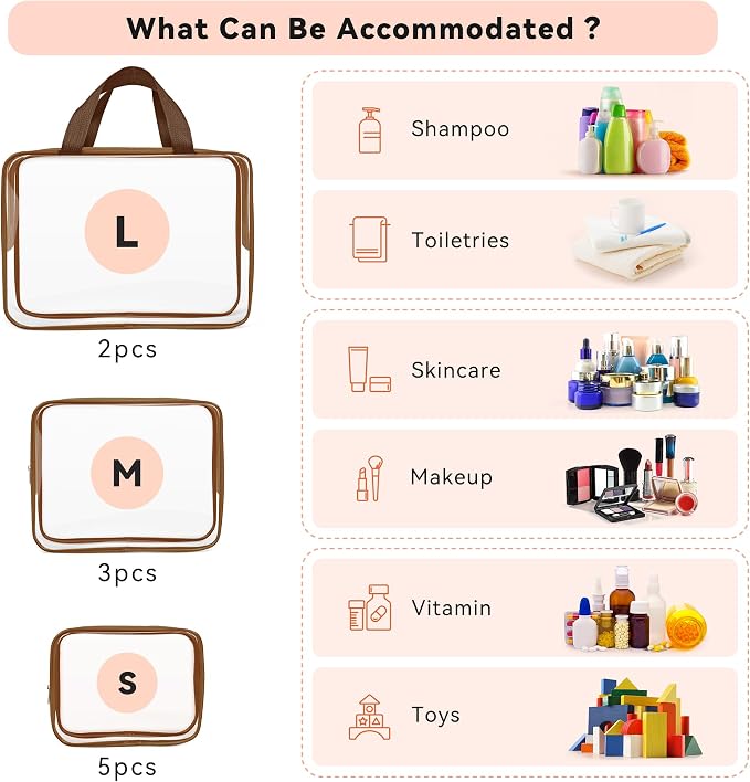 TISRATOK 10 PCS Clear Travel Bags for Toiletries,Clear Makeup Bags（Coffee） | 3 Size plastic clear bags with zipper handbag, TSA approved cosmetic pouch for travel, swimsuit,toy storage bags - Image 3