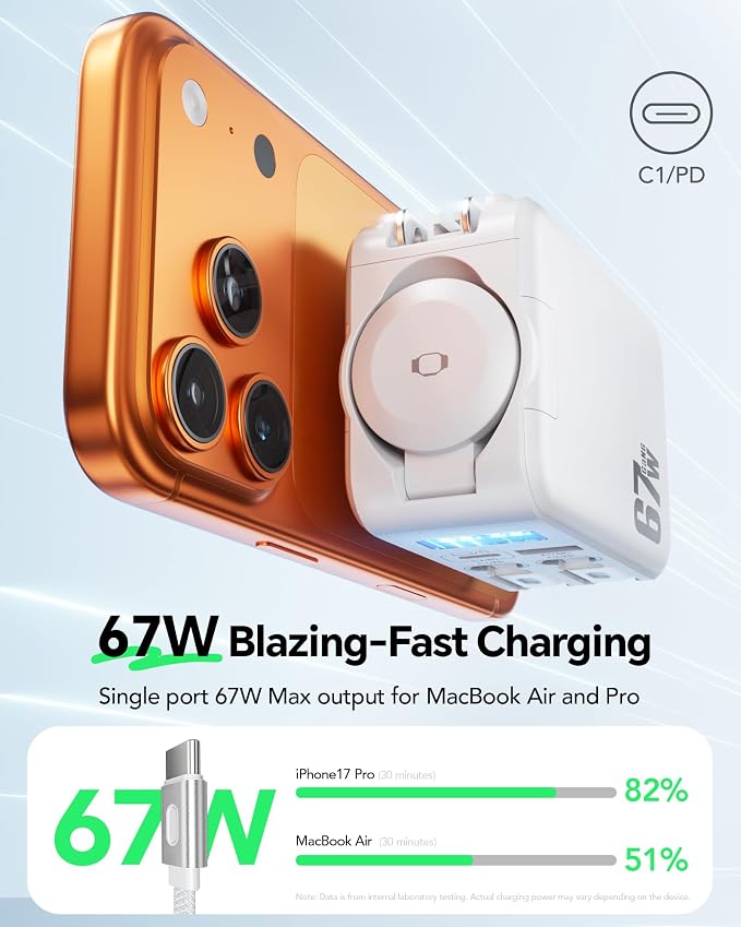 5-in-1 67W Retractable USB-C Wall Charger, for Apple Watch & iPhone & iPad | Smart Display, GaN Fast Charging, Retractable Charger, iWatch Pad, Foldable Plug, Travel-Ready, 2 Built-in Cables & 2 Ports - Image 3