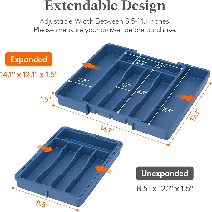 Lifewit Expandable Silverware Drawer Organizer, Kitchen Utensil Tray | BPA-free Plastic Flatware Cutlery Holder, Space-Saving Storage for Spoons Forks Knives, 8.5-14 x 12 x 1.5“, Dark Blue - Image 2