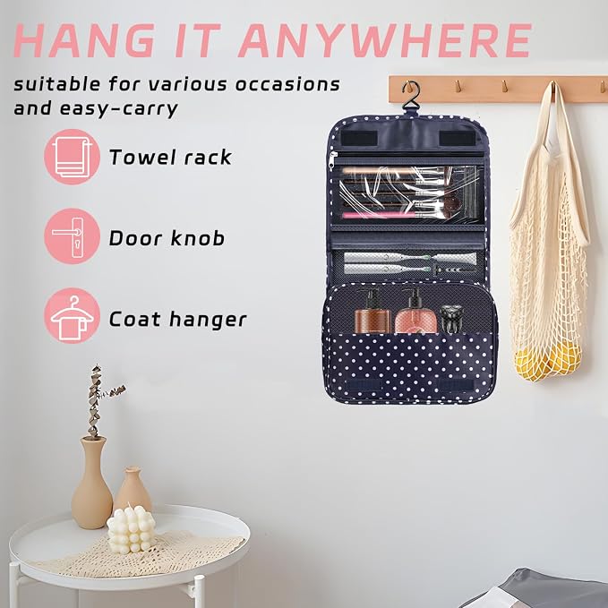 Toiletry Bag Travel Bag with Hanging Hook for Women and Men,Navy Dot | Waterproof Small Capacity Hanging Multifunctional Makeup Bag for Toiletries, Portable Cosmetic Bag Travel Organizer - Image 4