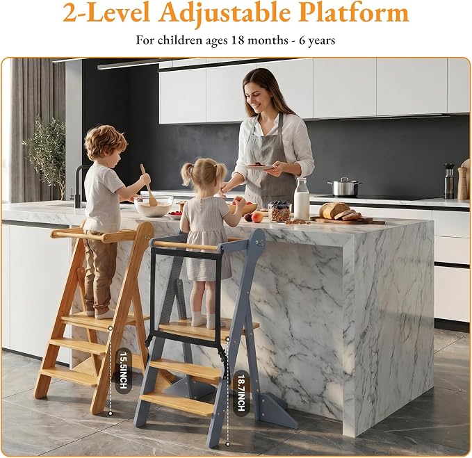 COSYLAND Toddler Standing Tower Foldable Toddler Kitchen Step Stool | Adjustable Height Folding Step Stool for Kids Learning and Cooking - Ages 18 Months to 6 Years with Safety Net Natural & Grey - Image 3