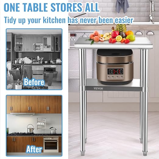 VEVOR Stainless Steel Prep Table, 24 x 18 x 36 Inch, 600lbs Load Capacity Heavy Duty Metal Worktable with Adjustable Undershelf & Feet, Commercial Workstation for Kitchen Restaurant Garage Backyard - Image 4