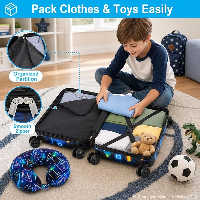 Luggage for Boys with Wheels, Lightweight Hardshell Spinner Kids Suitcase Set 2PCS - Airplane Approved Carry-On for Children Ages 3-10, Futuristic Game Rolling Suitcases for Elementary Toddler Travel - Image 7