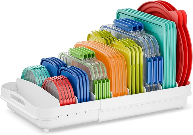 EVERIE Expandable Food Container Lid Organizer for Cabinet, Fits 12-Inch Deep or Deeper Cabinets , Adjustable 13.4" to 20.5", 8 Adjustable Dividers for lids , Drawer, Pantry and Kitchen Storage by EVERIE