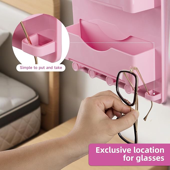 Pink Bedside Shelf Organizer - Wall Mount Phone Holder with Glasses Hook & 50 Motivational Stickers for Girls Bedroom Dorm Decor - Image 6