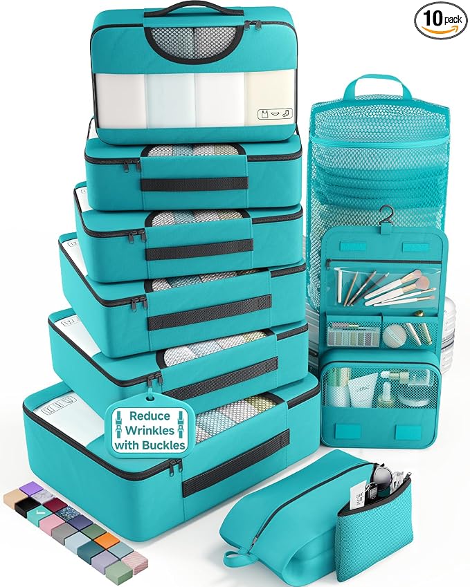 Veken 10 Set Packing Cubes for Travel Essentials, Suitcase Organizer Bags in 4 Sizes, Carry-On Luggage Accessories with Laundry Bag, Airplane Must Have with 99-Count Mesh Holes by Veken