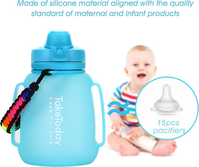 TakeToday Collapsible Water Bottles for Outdoor, 40oz, Blue | Time Marker, BPA-Free Silicone, Folds for Travel, Paracord Handle for Hiking, Gym, Camping, Leakproof - Image 3