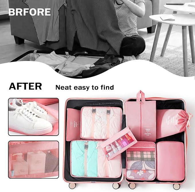 8 Set Packing Cubes for Suitcases, INVODA Travel Luggage Packing Organizers with Laundry Bag, Compression Storage Shoe Bag, Clothing Underwear Bag (Pink) - Image 3
