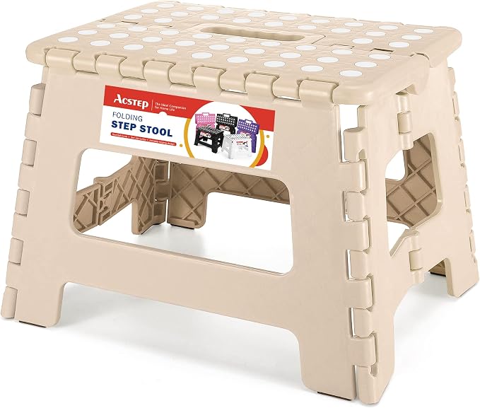 Folding Step Stool 9 Inch, Non-Slip Foldable Stools for Kids, Khaki | Heavy Duty Collapsible Foot Stool, Lightweight, Holds 300lb for Toddler/Adults Kitchen Bathroom Bedroom Outdoor, with Handle by ACSTEP