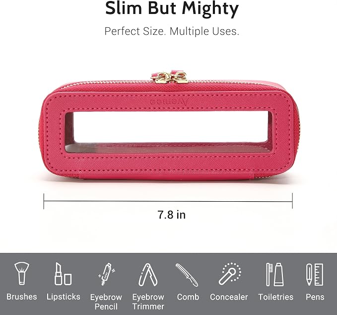 Aveniee Clear Makeup Brush Bag, Slim Brush Holder Cosmetic Case, Small Travel Toiletry Bag for Women, Thin Make up Bags with Dual Zipper, Cute Travel Essentials Srorage Bag,Hotpink - Image 4