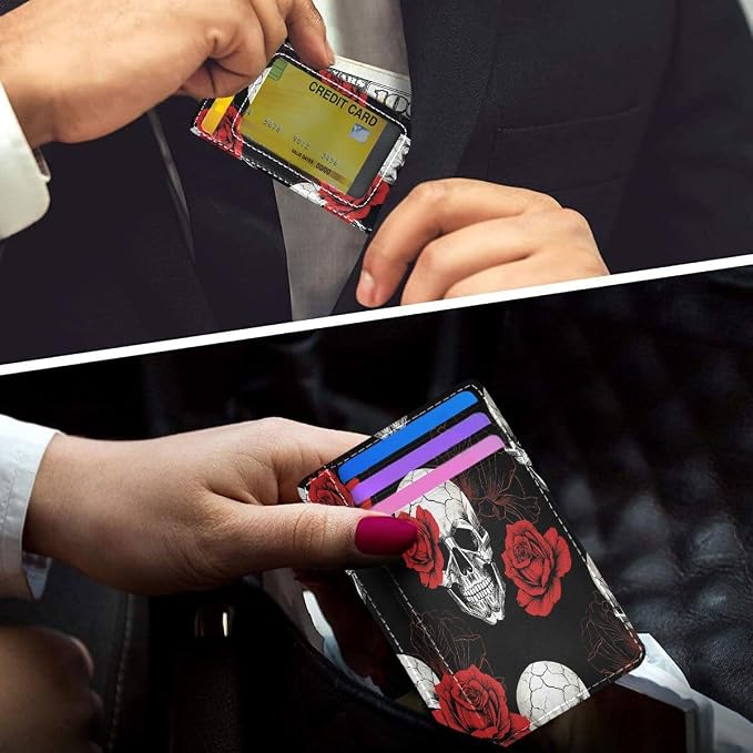 Front Pocket Minimalist Leather Slim Wallet Credit Card Holder Skull Red Poppy Flower Floral for Men & Women - Image 6