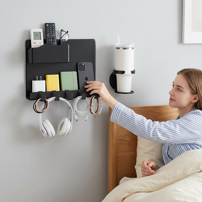 Bedside Wall Shelf for Teen Girls Boys Dorm Room Essentials Bunk Bed Stuff | Adhesive Floating Shelves with Flexible Cup Holder, Guys Room Decor Aesthetic Stick Bedroom Accessories Organizer - Image 2