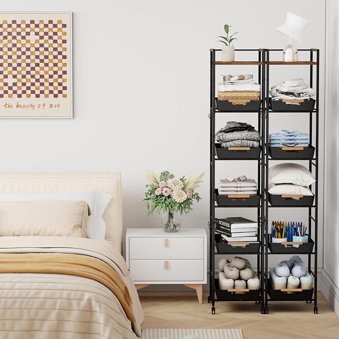 6-Tier Slim Rolling Storage Cart with Wheels, Metal Organizer Tall Rolling Cart, Wood Top Narrow Mobile Utility Cart with Pull-Out Baskets for Kitchen, Bathroom, Laundry Room, 13in(W) Black - Image 8