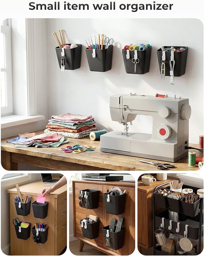 4 Pack Rolling Cart Accessories, Black Craft Cart Cup Holder and 6 Hooks for Utility Carts, Adhesive Kitchen Cabinet Door Storage, Space-Saving Wall Mount Organizer for Bathroom, Office, Makeup - Image 7