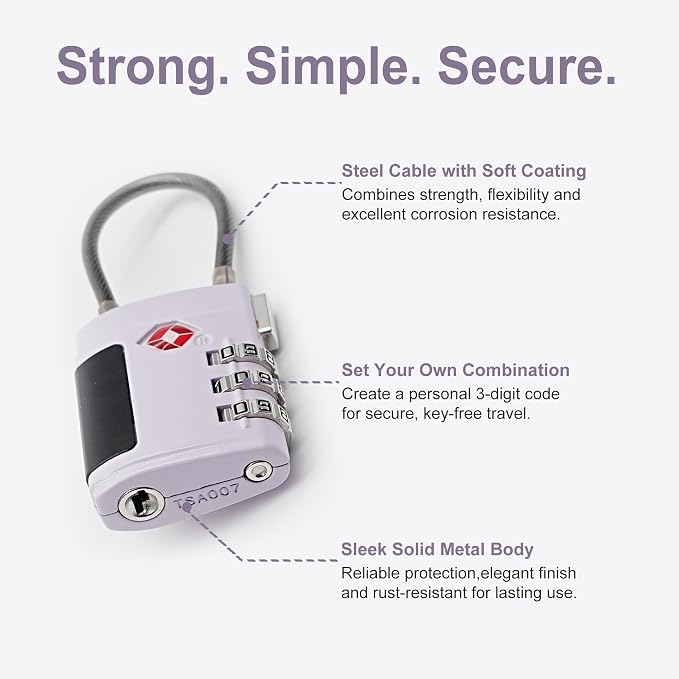 Combo TSA Locks for Luggage, Locker, Suitcase, Luggage Locks TSA Approved, Small Combination Padlock with Cable for Gym Locker, Gun Case, Backpack Bag Zipper, Storage Box, Travel Safe - Image 4