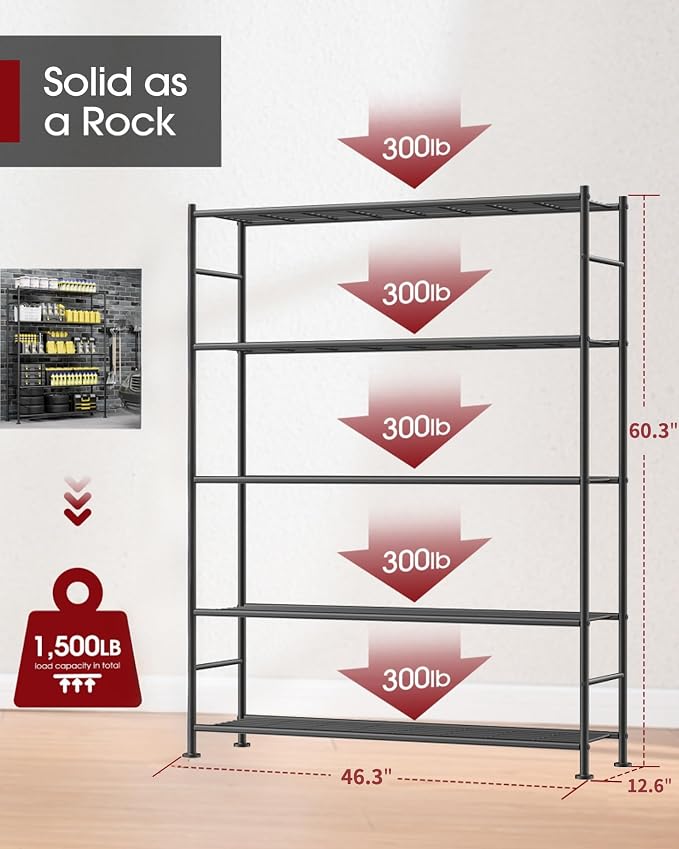 Sakugi Storage Shelves - 5 Tier Shelf Organizer, Heavy Duty Garage Shelving Unit with Leveling Feet, Stable Metal Shelves Organizer for Pantry, Kitchen and Closet, 46.3" W x 12.6" D x 60.3" H, Black - Image 3
