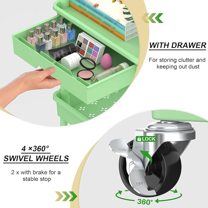 Goovilla 3 Tier Rolling Utility Cart Organizer with Removable Drawer, Green | Stable and Sturdy Rolling Storage Carts with 2 Lockable Wheels for Bathroom, Kitchen, Snack, Craft, Makeup, Baby Essentials - Image 2