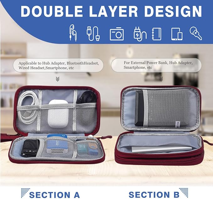 CAAORDKSO Electronic Organizer Travel Case, Cord Organizer Travel Cable Organizer Bag, Tech Pouch Accessories Carry Storage for Travel Essentials, Backpack, Business, Daily Commute (Wine Red,Large) - Image 3