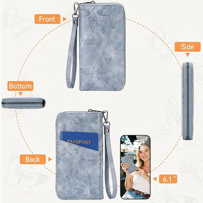 BELTANA Womens Wallet RFID Wallet Women with Passport Holder Butterfly Vegan Leather Multi Card Slots Wallets Large Capacity Wristlet Travel Purse for Women (Blue) - Image 6