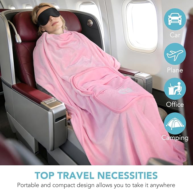 Travel Pillow and Blanket 2-in-1 Set Airplane Pink 60x50 Inch | Plane Packable, Soft Warm and Lightweight Flannel, Hand Luggage Sleeve and Backpack Clip, Plane Flight Car Trips - Image 5