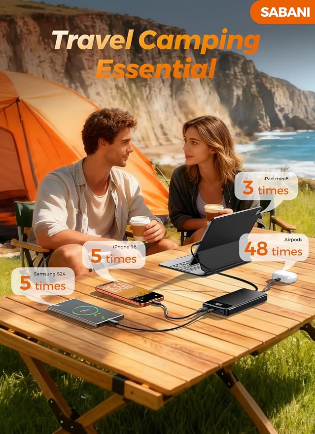 SABANI Portable Charger 35000mAh Power Bank, 4 Built in Cable Big Capacity | Ultra Slim, 22.5W Fast Charge, Travel Camping Essential, USB C External Battery Pack for iPhone Samsung Android, Black - Image 7
