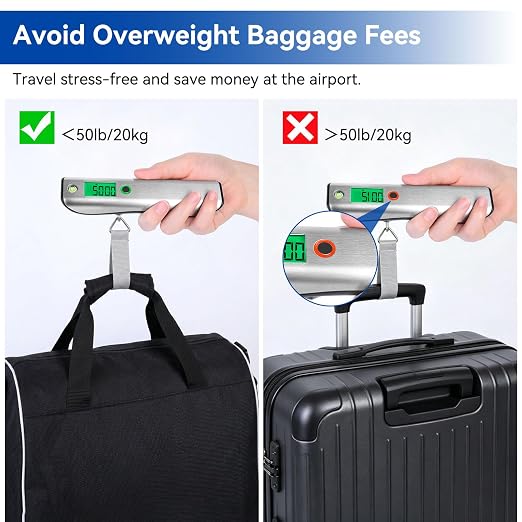110lb Digital Luggage Scale with Overweight Alert for Air Travel | Bubble Level, 3 ft Tape Measure, Backlit LCD Display, Portable Handheld Hanging Scale for Travel, Fishing, Hunting, Home Use - Image 7