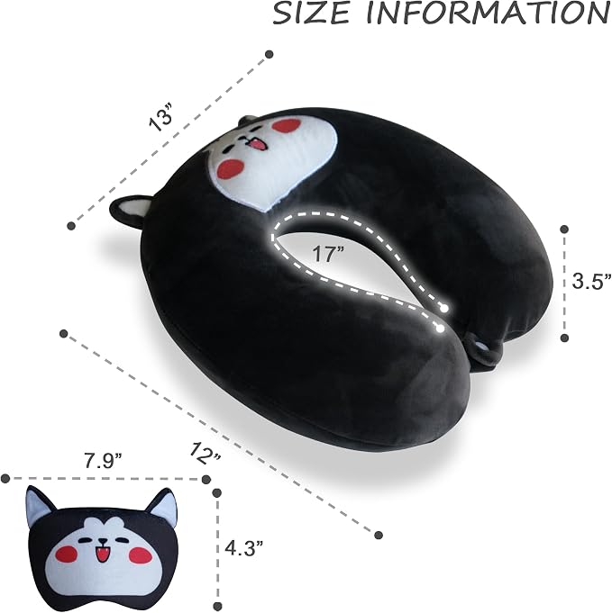 Sexysamba Cartoon Headrest & Neck Pillow for Kids Boys & Girls, Teens, Travel Accessories for Airplane, Car, Recline, Memory Foam Cute Travel Pillow with Sleep Eye Mask - Husky - Image 2