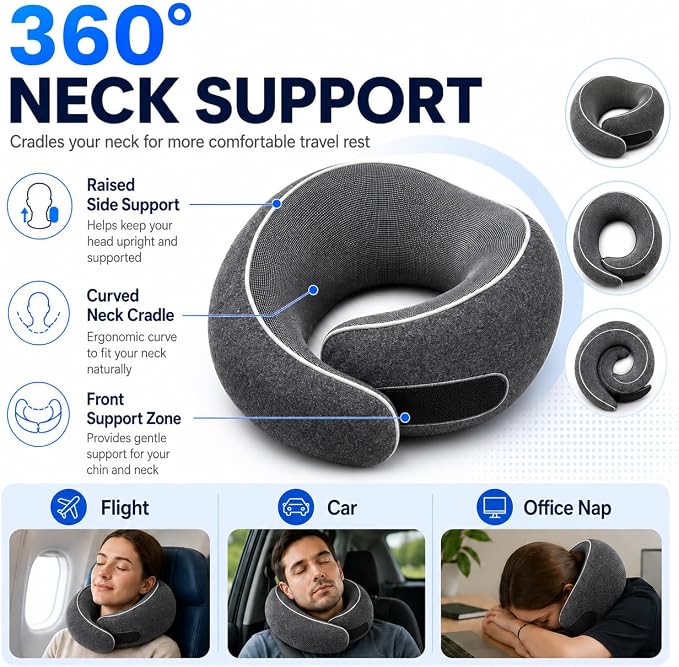 Travel Neck Pillow for Airplanes, Pure Memory Foam Neck Pillow with Washable Cover and Storage Bag, Ergonomic 360° Support for Sleeping, Car, Office, Home, Black - Image 2