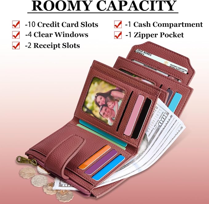 Small Wallet Women RFID Blocking Soft Leather Bifold Compact Card Holder Wallet for Women with Zipper Coin Pocket 4 ID Window - Image 4