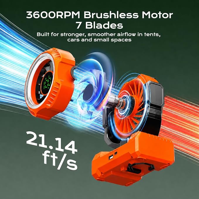 Portable Camping Fan 3-in-1, 20000mAh Rechargeable Fan with 1-100 Speeds | Auto-Oscillating Cordless Battery Powered Fan with 12H Timer, LED Lantern, Display, Gift for Men Women, Travel, Jobsite, Tent - Image 5